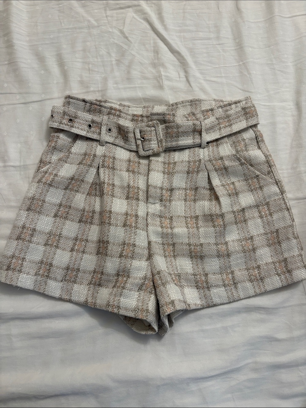 Le Lis Plaid Belted Shorts in Cream and Tan